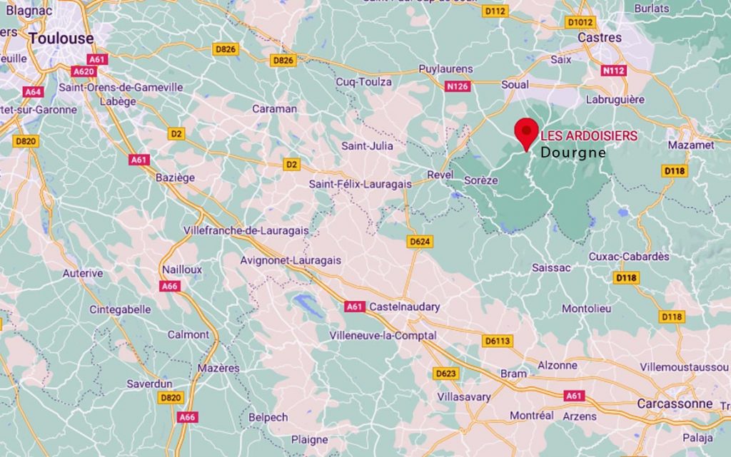 Carte pour arriver à Dourgne (81)
au pied de la Montagne Noire, lieu d'extraction d'ardoise.